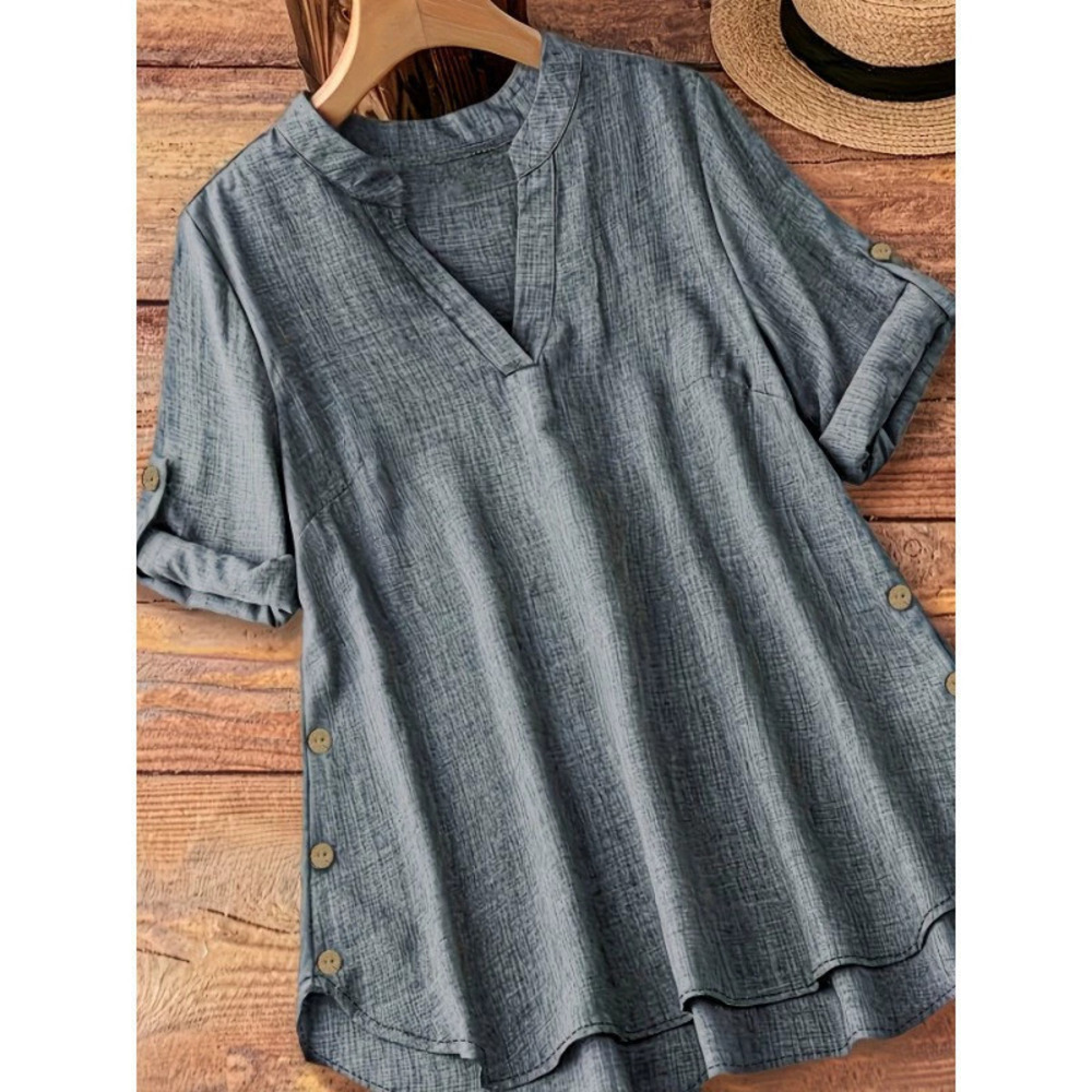 ZARA Solid Color Collared Shirt Rolled Sleeve Button Loose Top